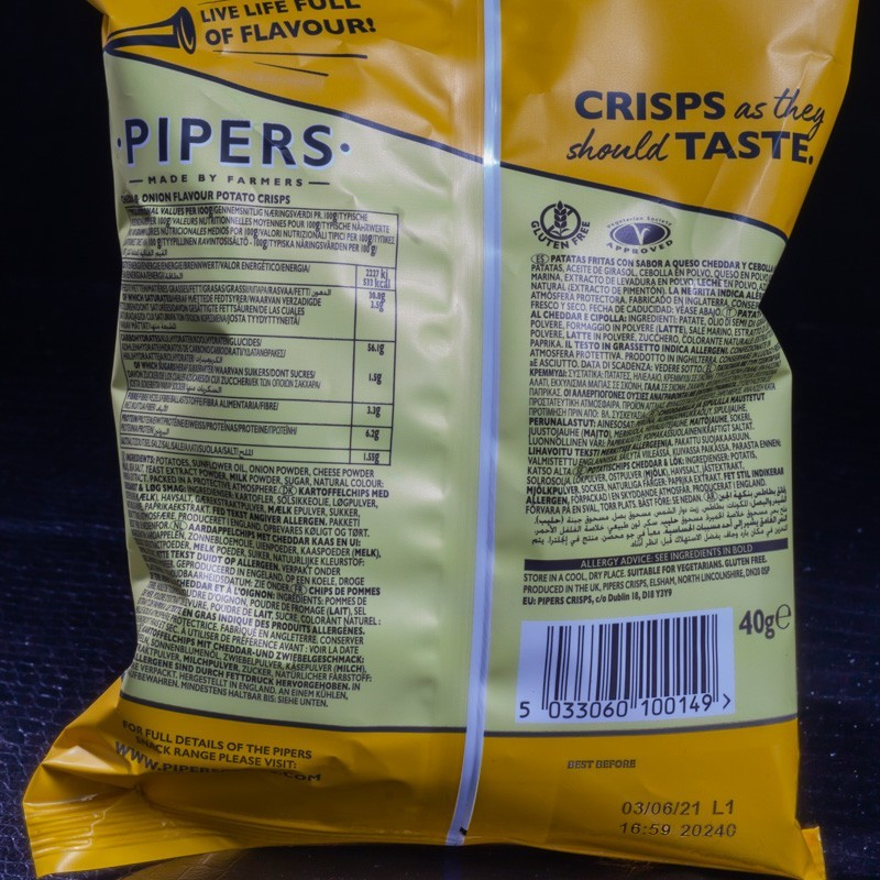 Chips au cheddar et oignons 40g Pipers  Chips