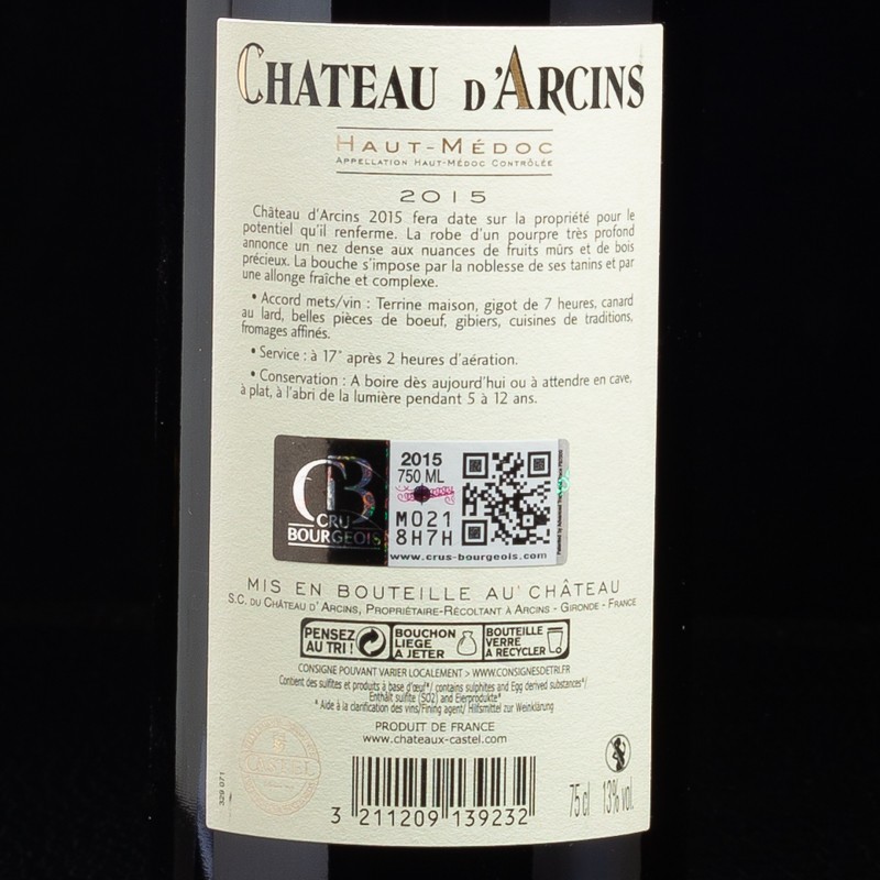 Vin rouge Château d'Arcins Haut-Médoc 2015 Cru Bourgeois 75cl  Vins rouges