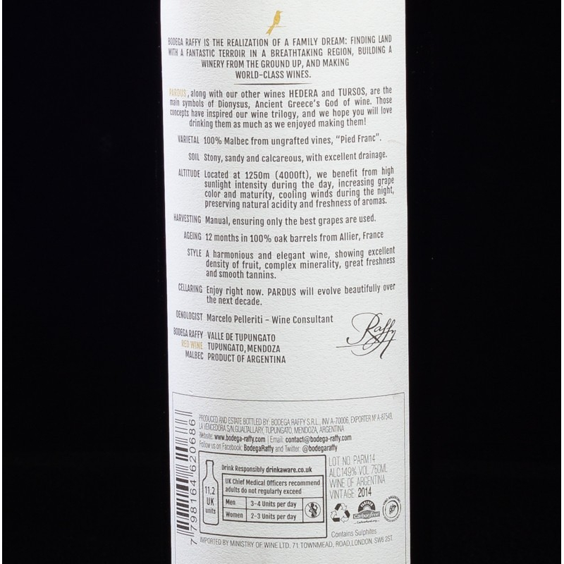 Vin rouge Argentin Pardus 2015 Domaine Raffy 75cl  Vins rouges