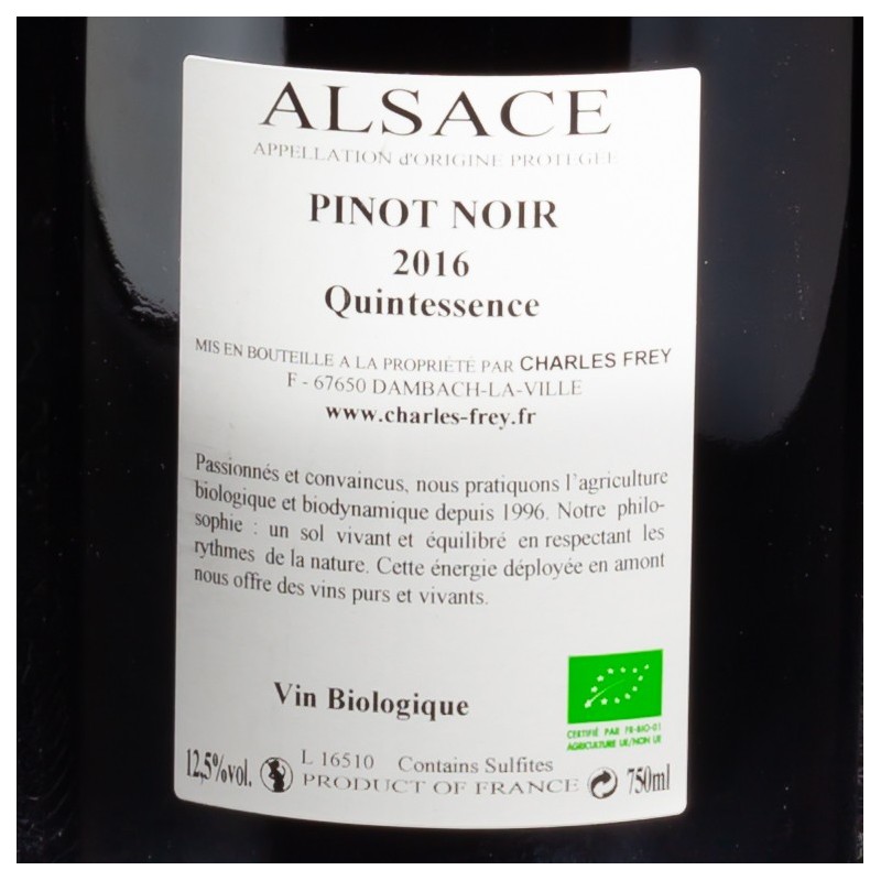 Vin rouge Pinot Noir Alsace Quintessence 2016 Domaine Charles Frey 75 cl  Vins rouges