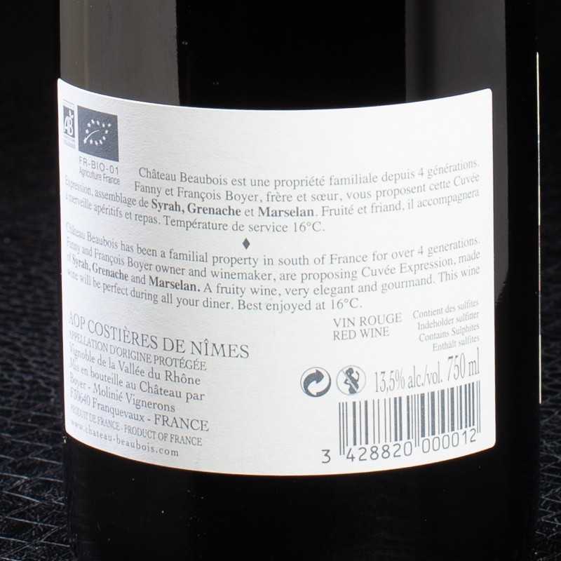 Vin rouge Costières de Nîme 2019 Cuvée Expression Château Beaubois 75cl  Vins rouges