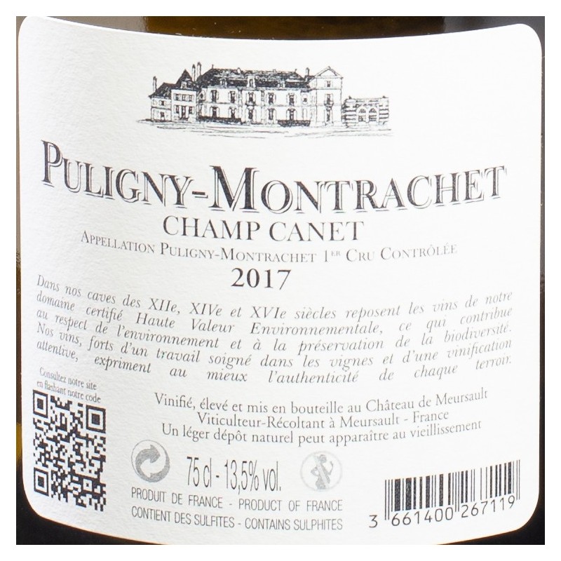 Vin blanc Puligny-Montrachet 1er Cru Champ Canet 2017 Domaine Château de Meursault 75cl  Vins blancs