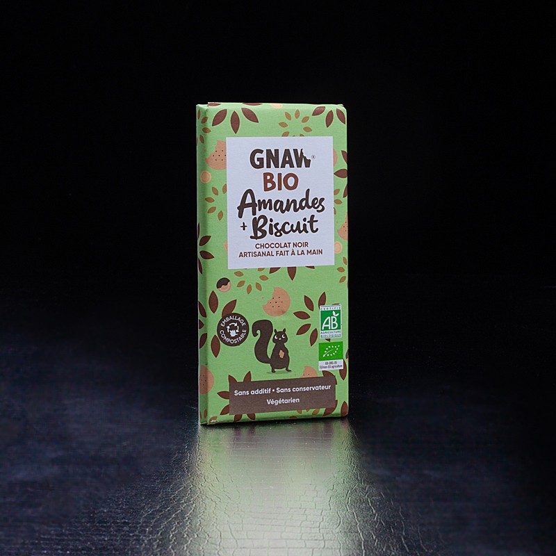 Chocolat noir amandes et biscuit Gnaw Bio 100g  Tablettes de chocolat