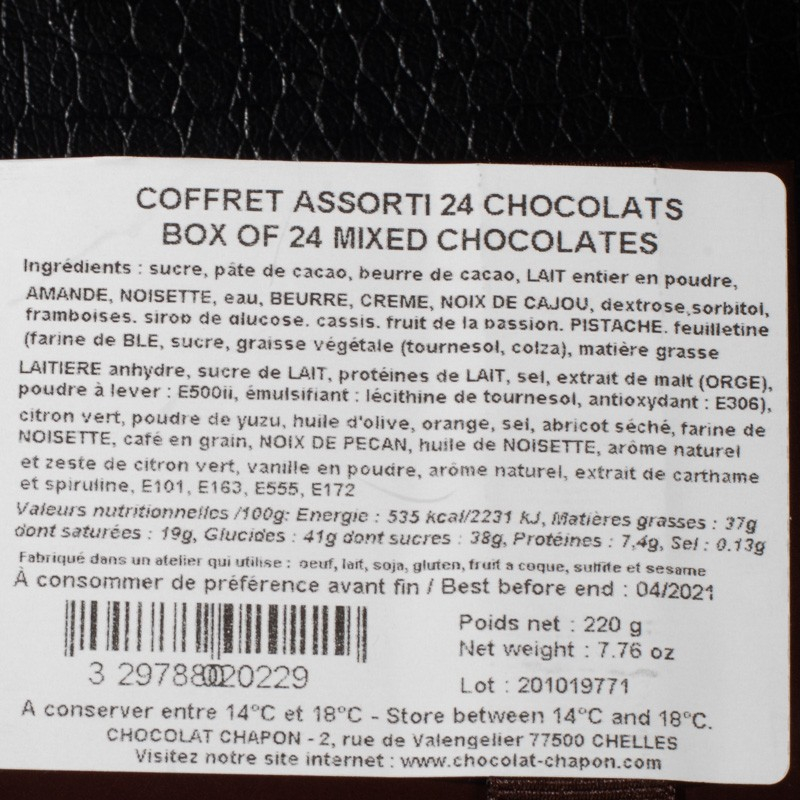 Coffret assortiment 24 chocolats 235g Chapon  Coffret de chocolat