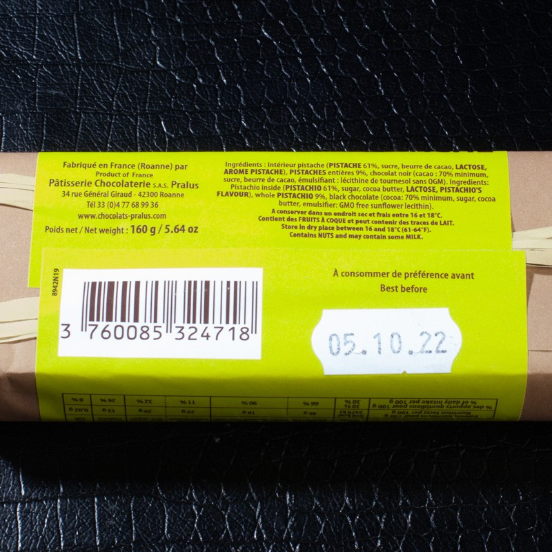Barre infernale pistache 160g Pralus  Tablettes de chocolat