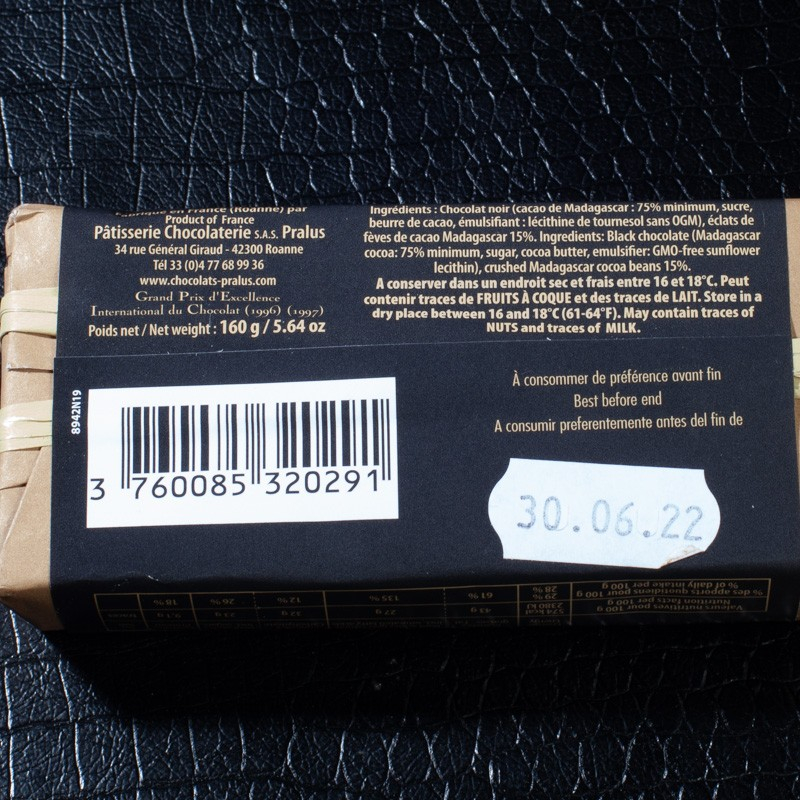 Barre infernale brut de plantation 160g Pralus  Tablettes de chocolat
