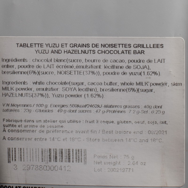 Tablette chocolat yuzu Chapon 75g  Tablettes de chocolat