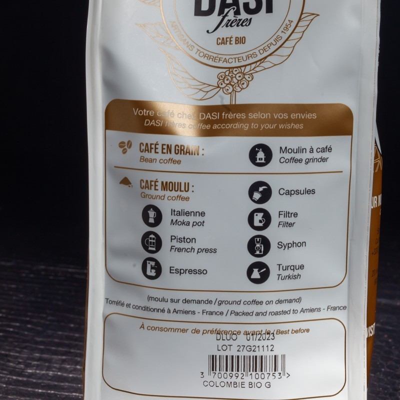 Colombie café bio grains Dasi Frères 250g  En grain et moulu