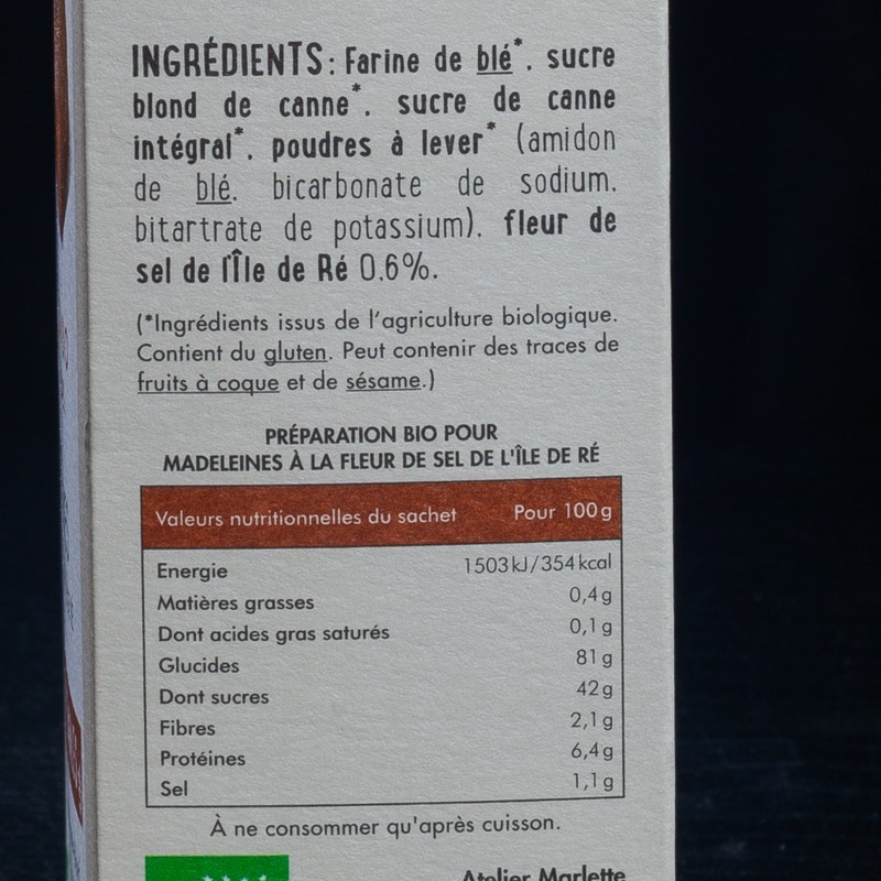Kit préparation madeleines et fleur de sel Bio Marlette 300g  Farines, sucres et aides à la pâtisserie
